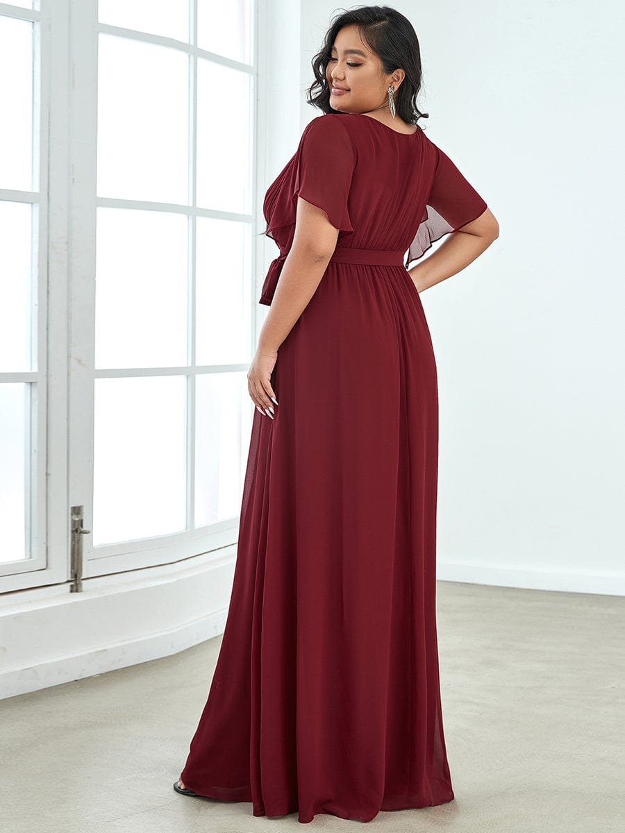 V-Neck Flutter Sleeve Floor-Length A-Line Chiffon Evening Dress #color_Burgundy