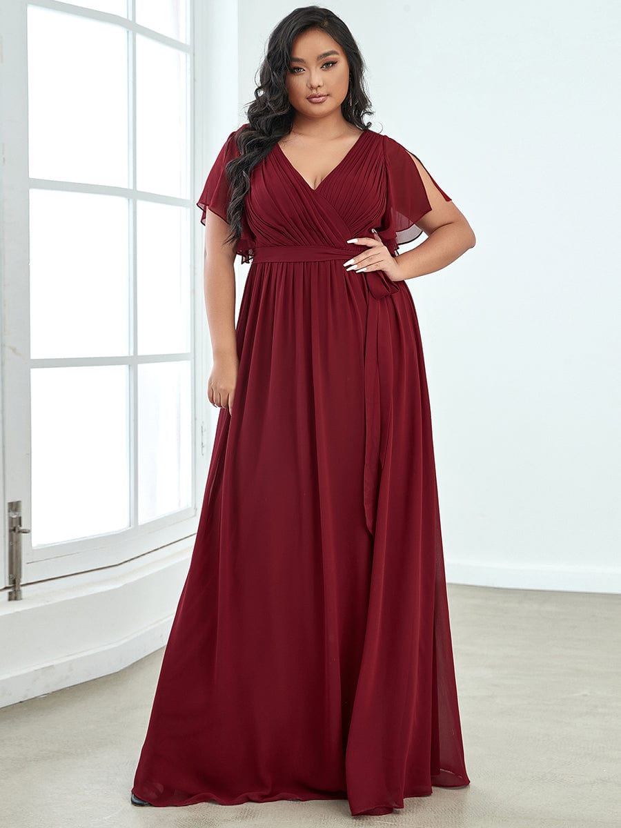 V-Neck Flutter Sleeve Floor-Length A-Line Chiffon Evening Dress #color_Burgundy