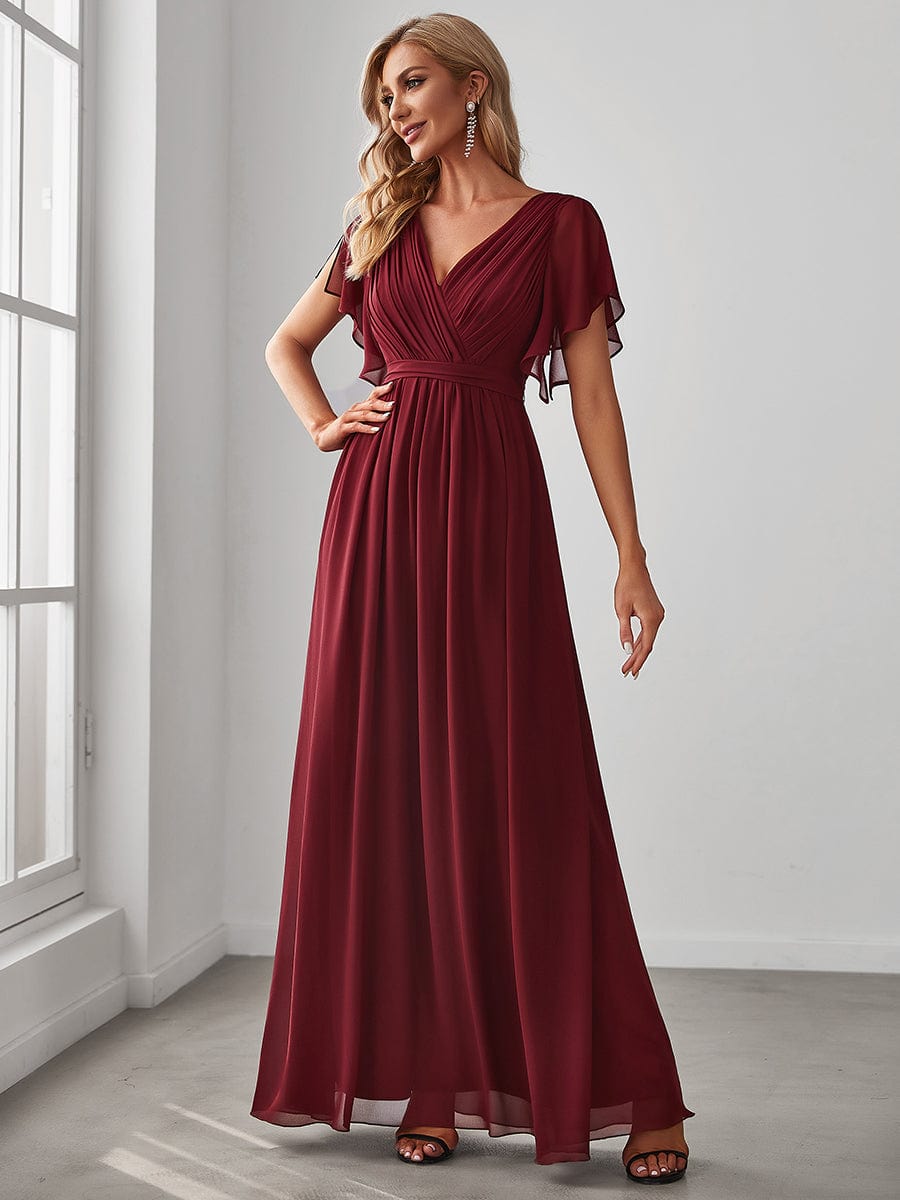 V-Neck Flutter Sleeve Floor-Length A-Line Chiffon Evening Dress #color_Burgundy