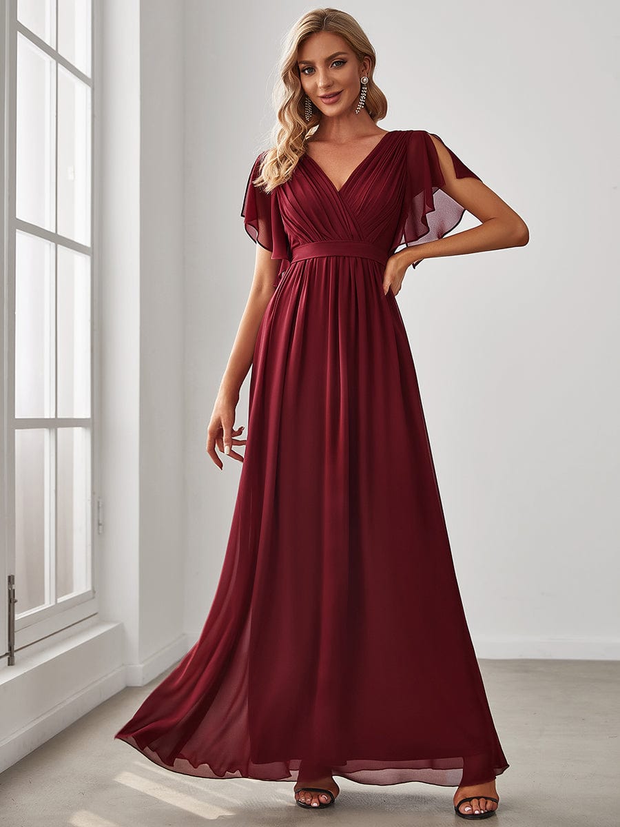 V-Neck Flutter Sleeve Floor-Length A-Line Chiffon Evening Dress #color_Burgundy