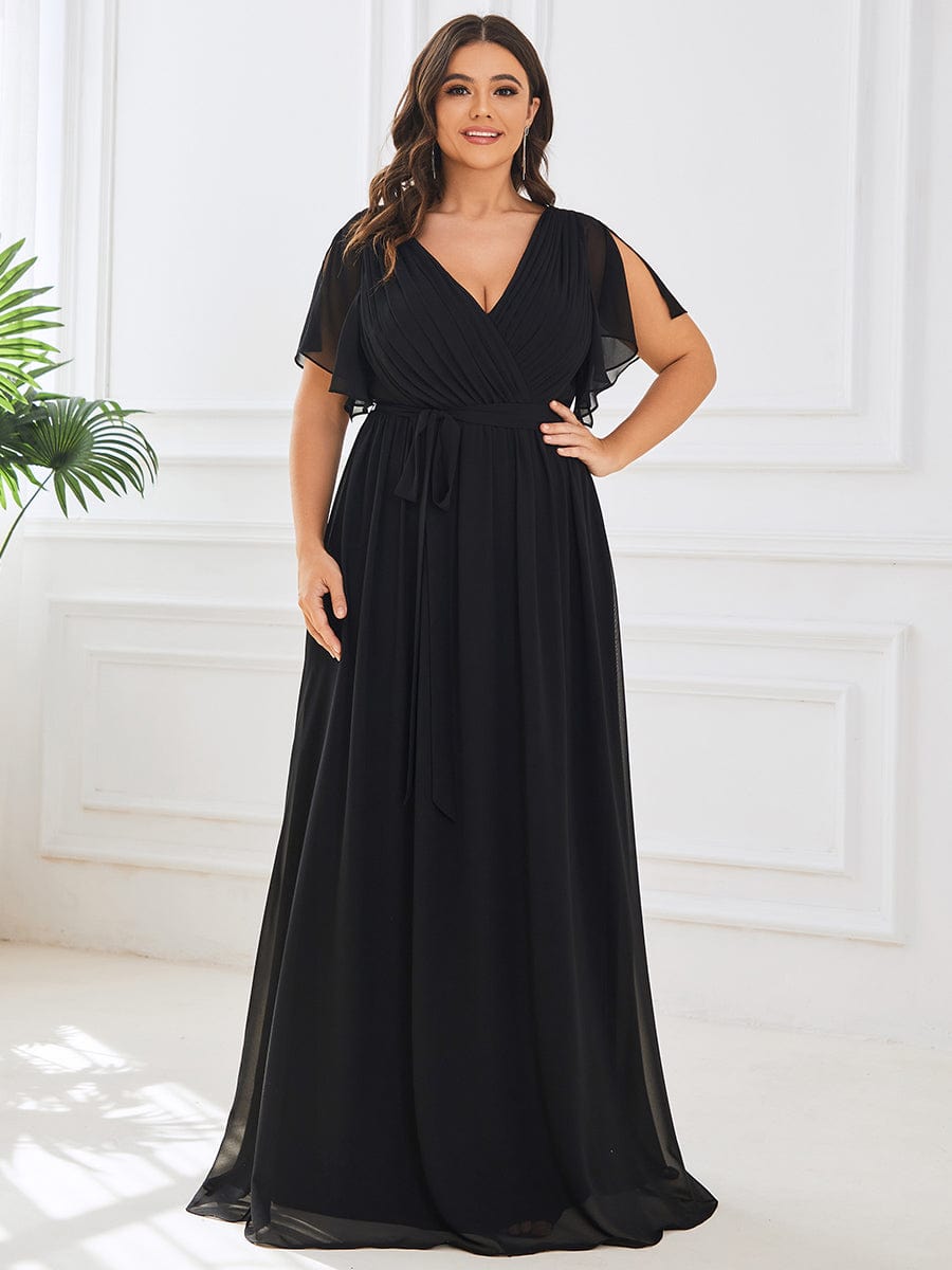 V-Neck Flutter Sleeve Floor-Length A-Line Chiffon Evening Dress #color_Black