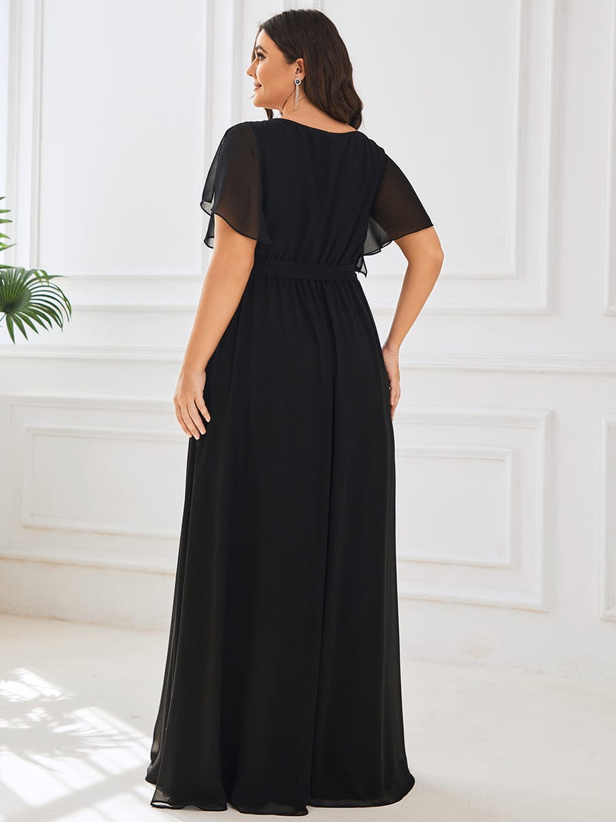 V-Neck Flutter Sleeve Floor-Length A-Line Chiffon Evening Dress #color_Black