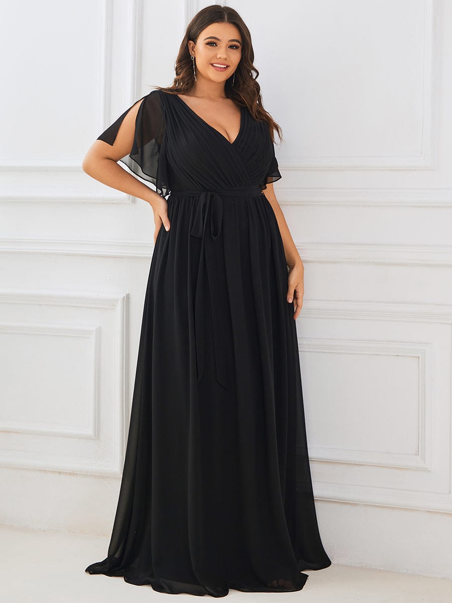 V-Neck Flutter Sleeve Floor-Length A-Line Chiffon Evening Dress #color_Black