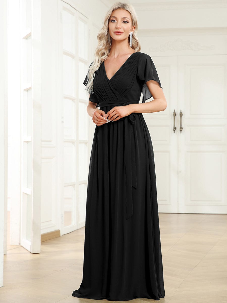 V-Neck Flutter Sleeve Floor-Length A-Line Chiffon Evening Dress #color_Black