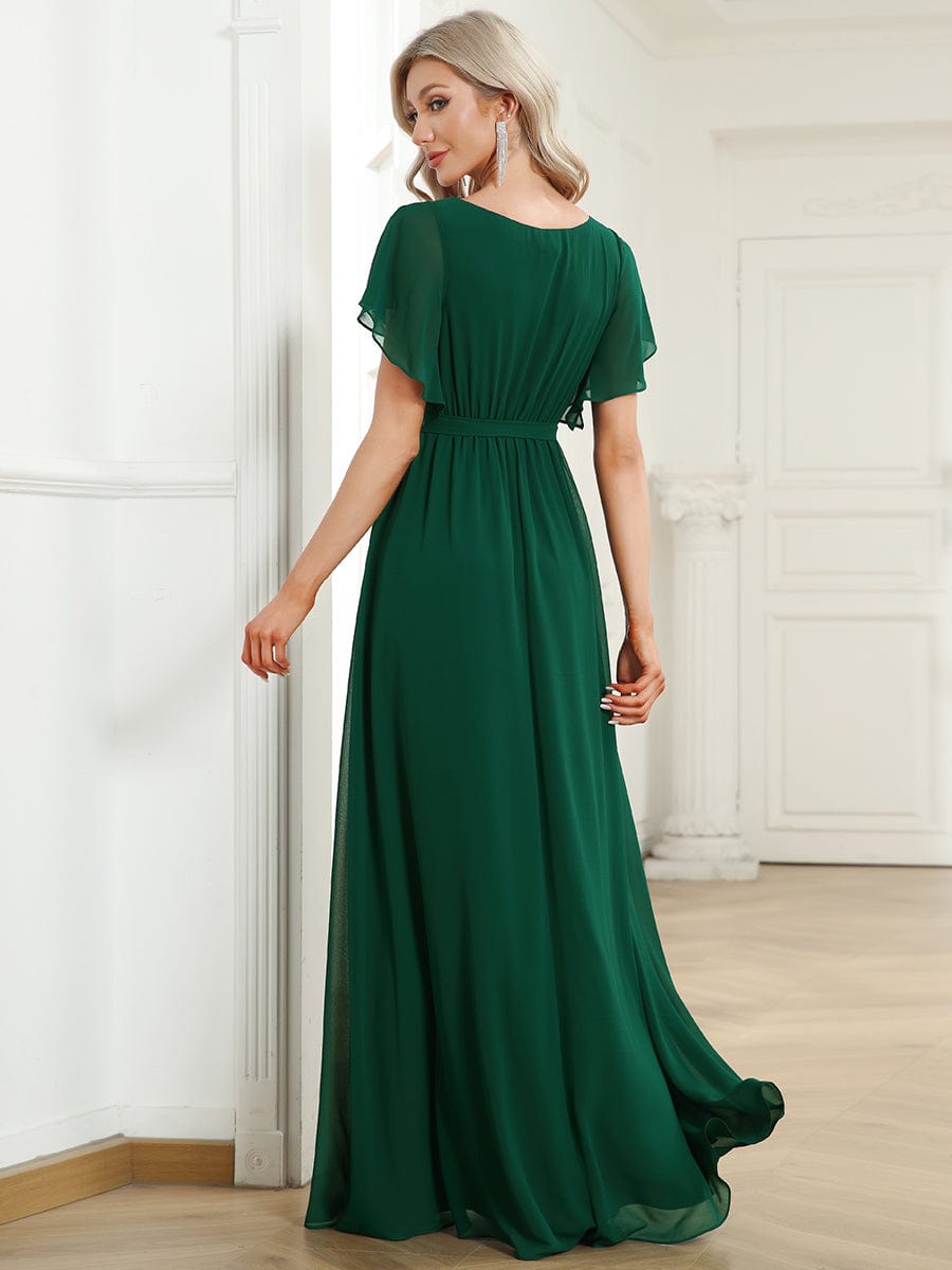 V-Neck Flutter Sleeve Floor-Length A-Line Chiffon Evening Dress #color_Dark Green