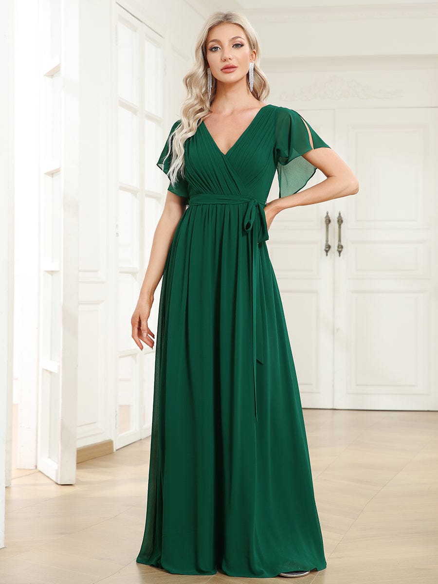 V-Neck Flutter Sleeve Floor-Length A-Line Chiffon Evening Dress #color_Dark Green