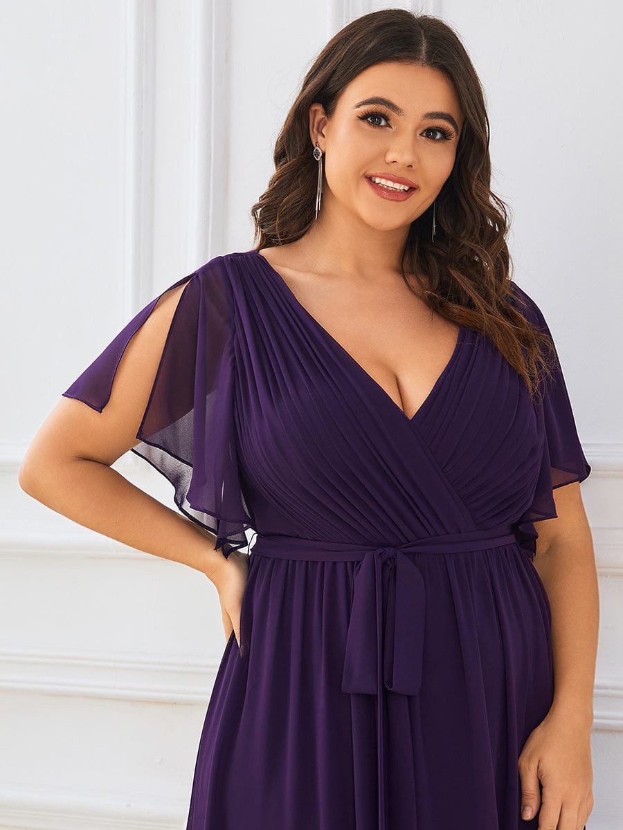 V-Neck Flutter Sleeve Floor-Length A-Line Chiffon Evening Dress #color_Dark Purple