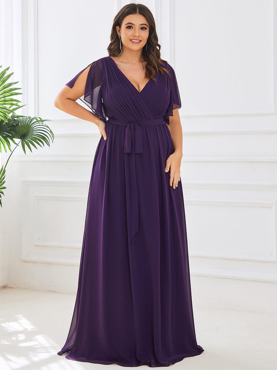 V-Neck Flutter Sleeve Floor-Length A-Line Chiffon Evening Dress #color_Dark Purple