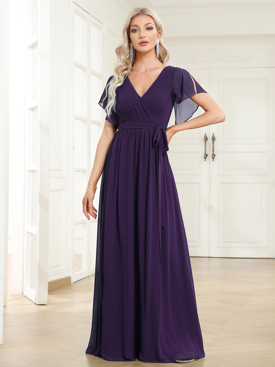 V-Neck Flutter Sleeve Floor-Length A-Line Chiffon Evening Dress #color_Dark Purple