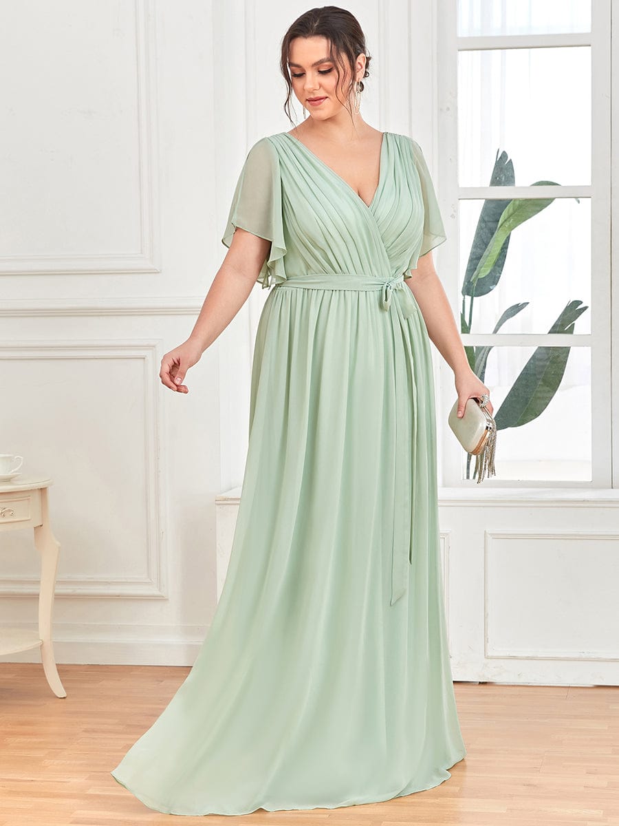 V-Neck Flutter Sleeve Floor-Length A-Line Chiffon Evening Dress #color_Mint Green