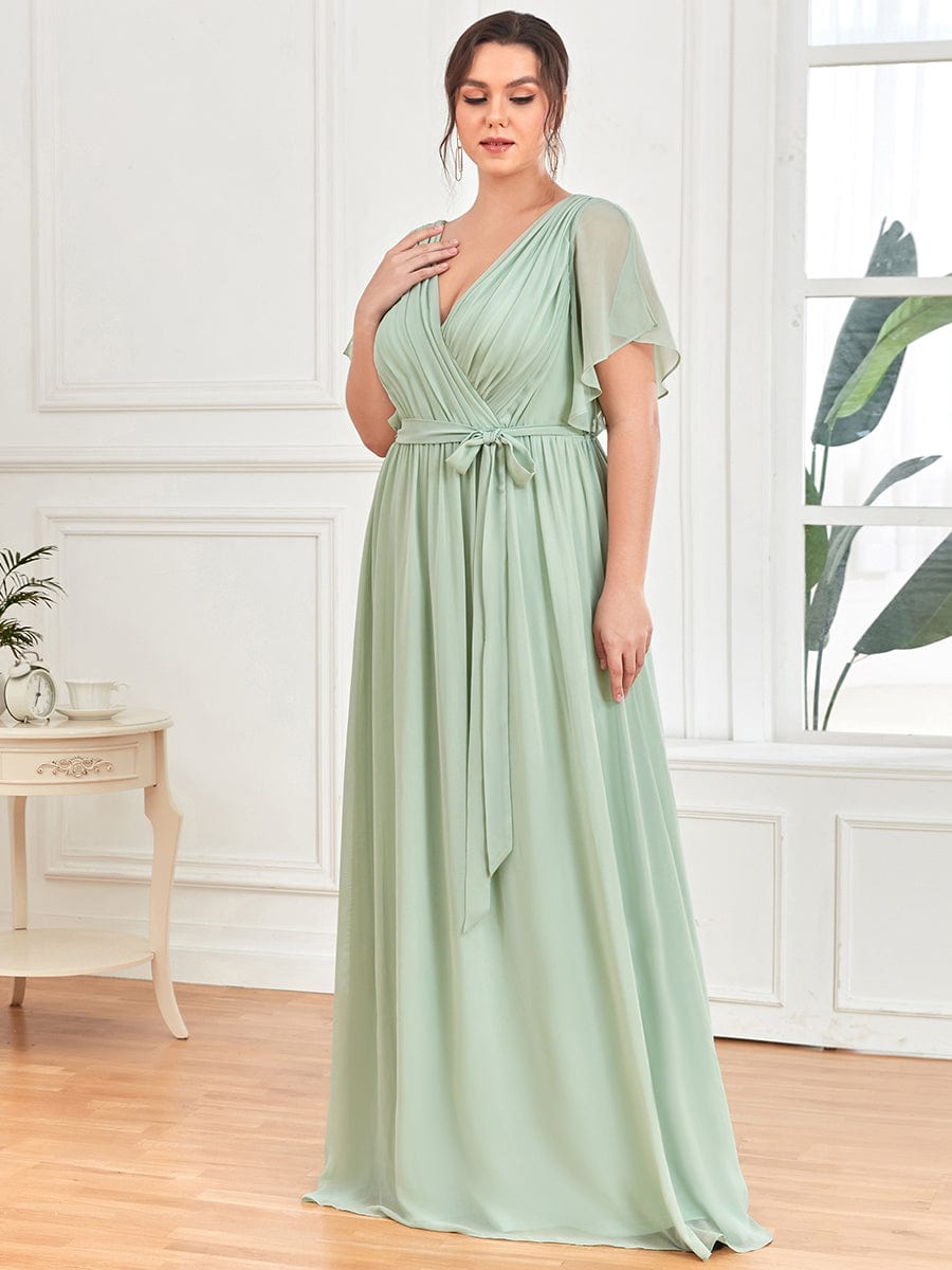 V-Neck Flutter Sleeve Floor-Length A-Line Chiffon Evening Dress #color_Mint Green