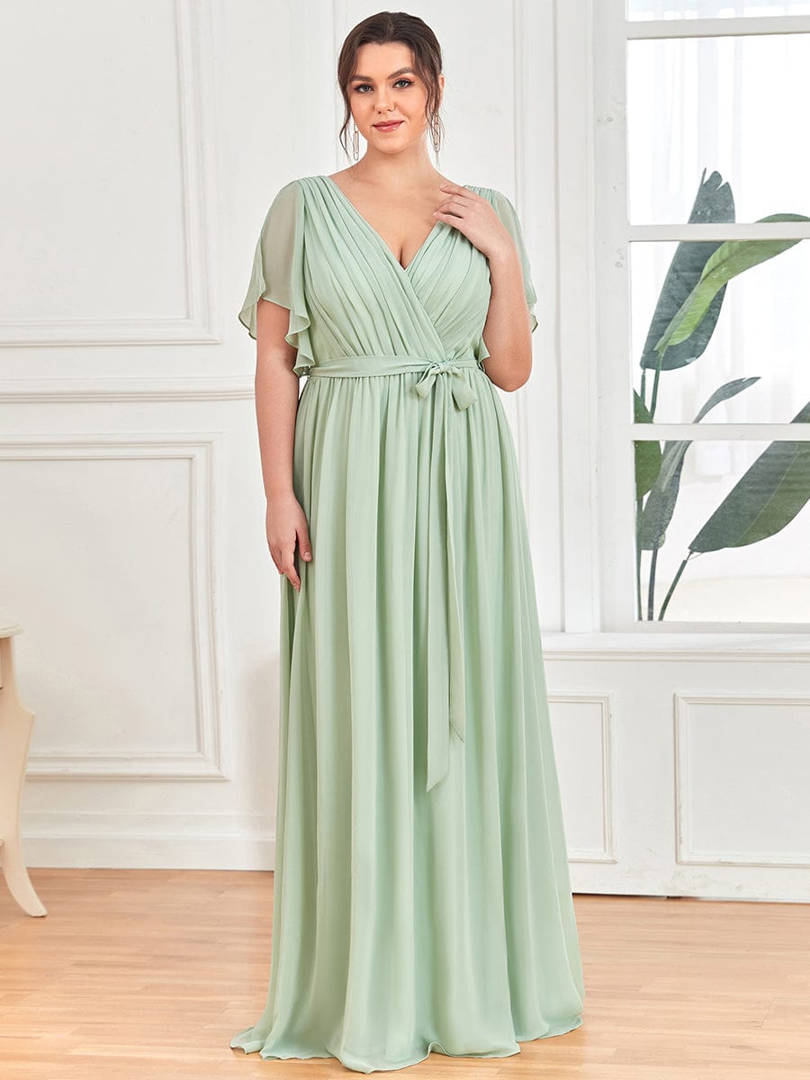 V-Neck Flutter Sleeve Floor-Length A-Line Chiffon Evening Dress #color_Mint Green