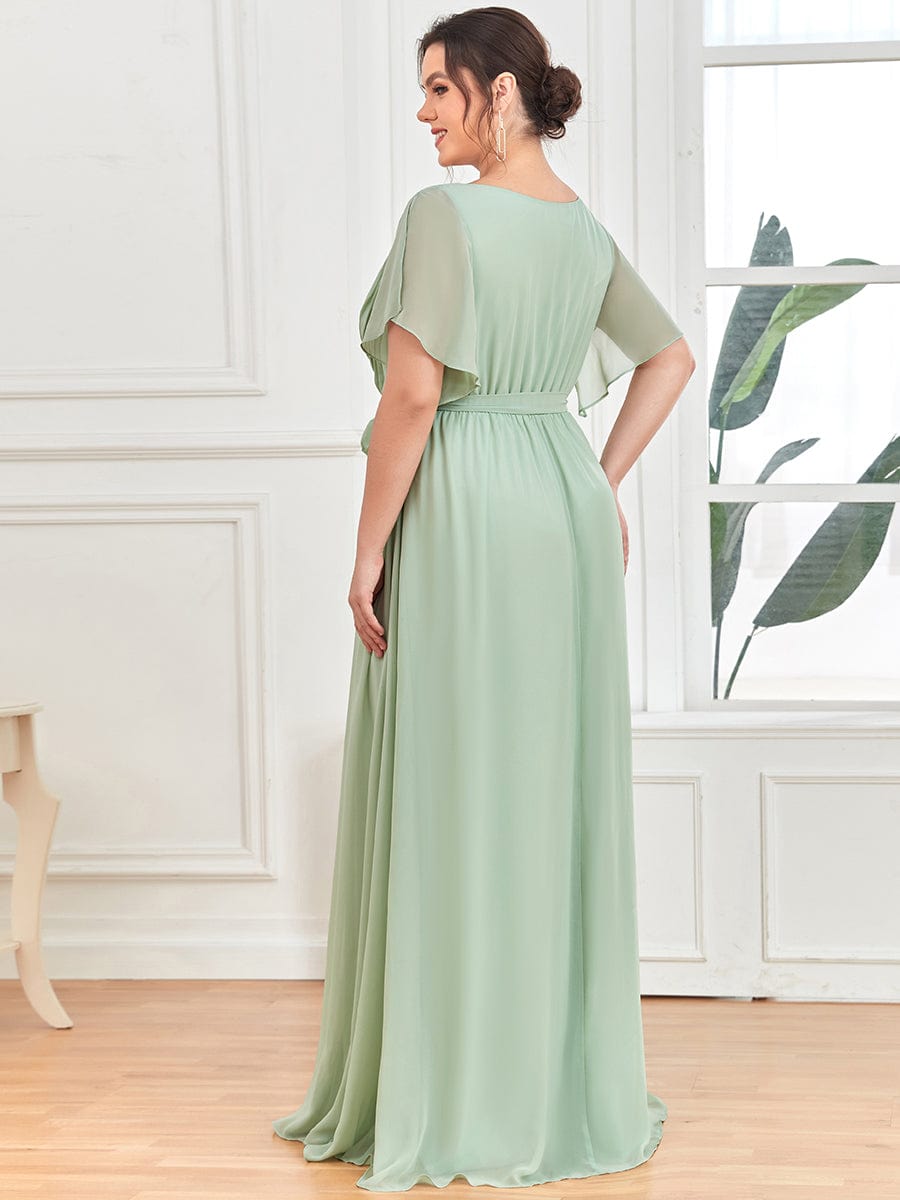 V-Neck Flutter Sleeve Floor-Length A-Line Chiffon Evening Dress #color_Mint Green