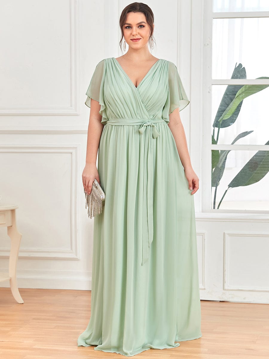 V-Neck Flutter Sleeve Floor-Length A-Line Chiffon Evening Dress #color_Mint Green