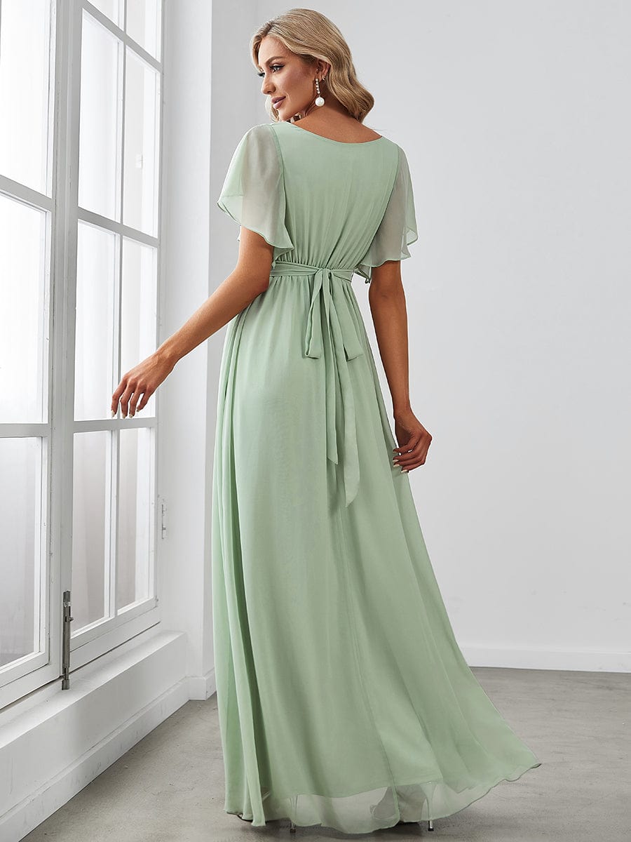 V-Neck Flutter Sleeve Floor-Length A-Line Chiffon Evening Dress #color_Mint Green
