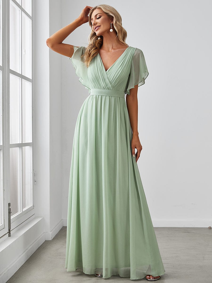 V-Neck Flutter Sleeve Floor-Length A-Line Chiffon Evening Dress #color_Mint Green