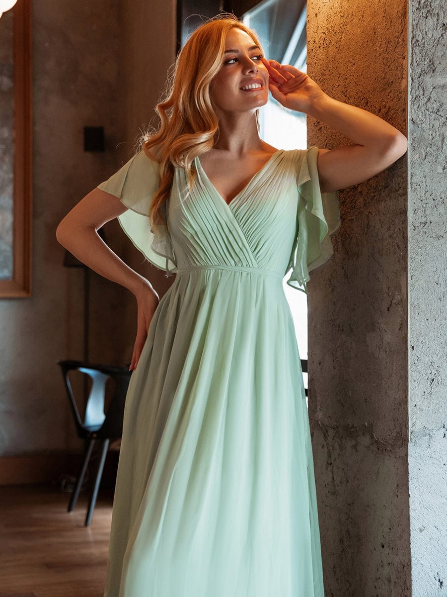 V-Neck Flutter Sleeve Floor-Length A-Line Chiffon Evening Dress #color_Mint Green