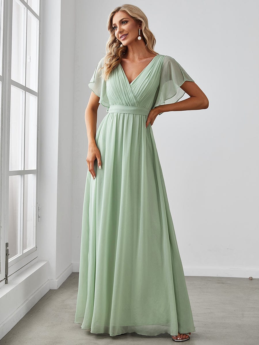 V-Neck Flutter Sleeve Floor-Length A-Line Chiffon Evening Dress #color_Mint Green
