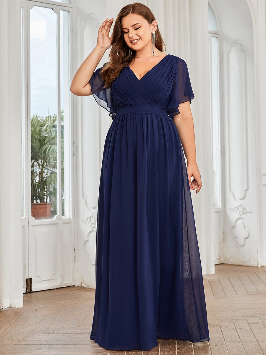 V-Neck Flutter Sleeve Floor-Length A-Line Chiffon Evening Dress #color_Navy Blue