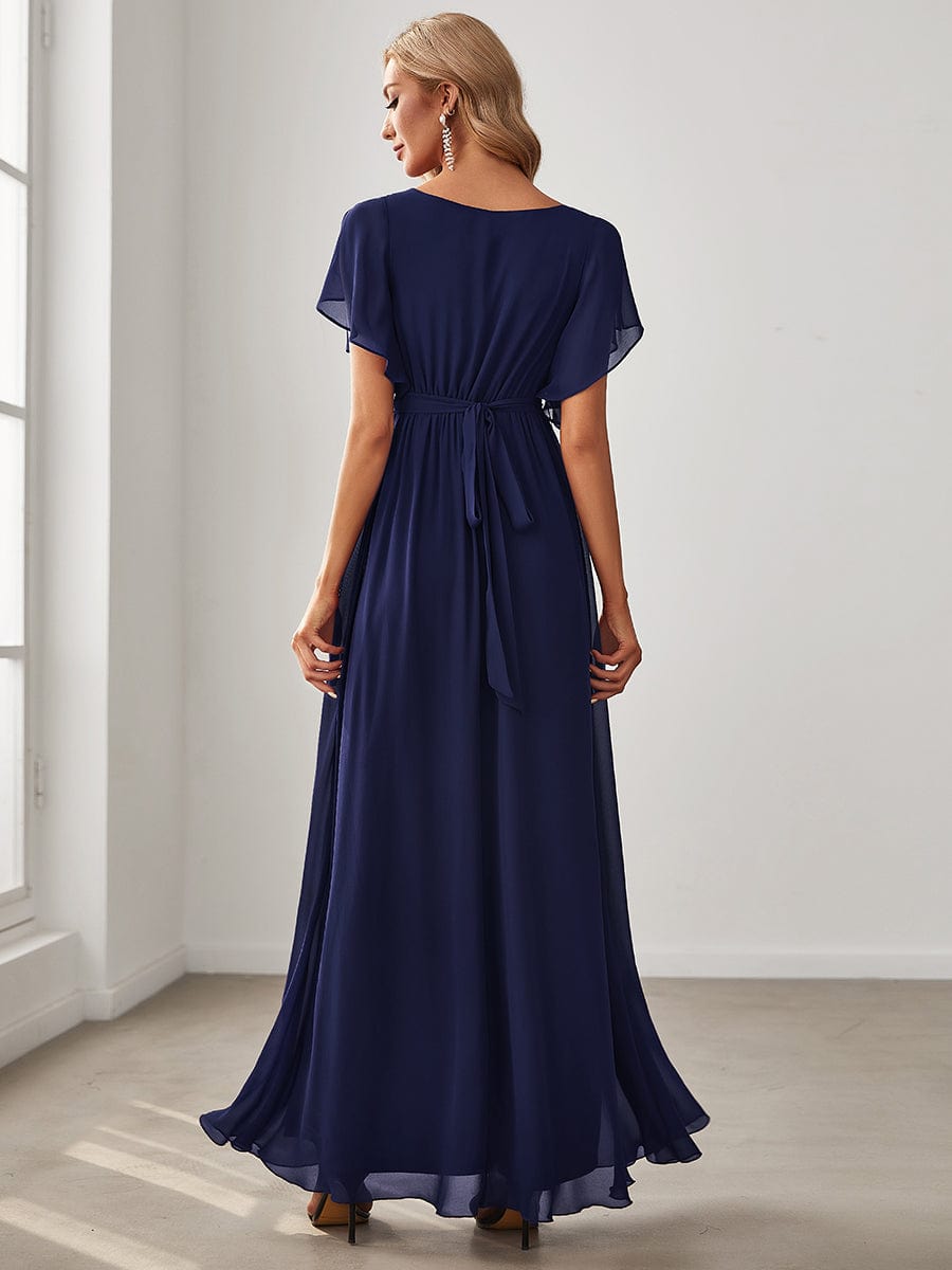 V-Neck Flutter Sleeve Floor-Length A-Line Chiffon Evening Dress #color_Navy Blue