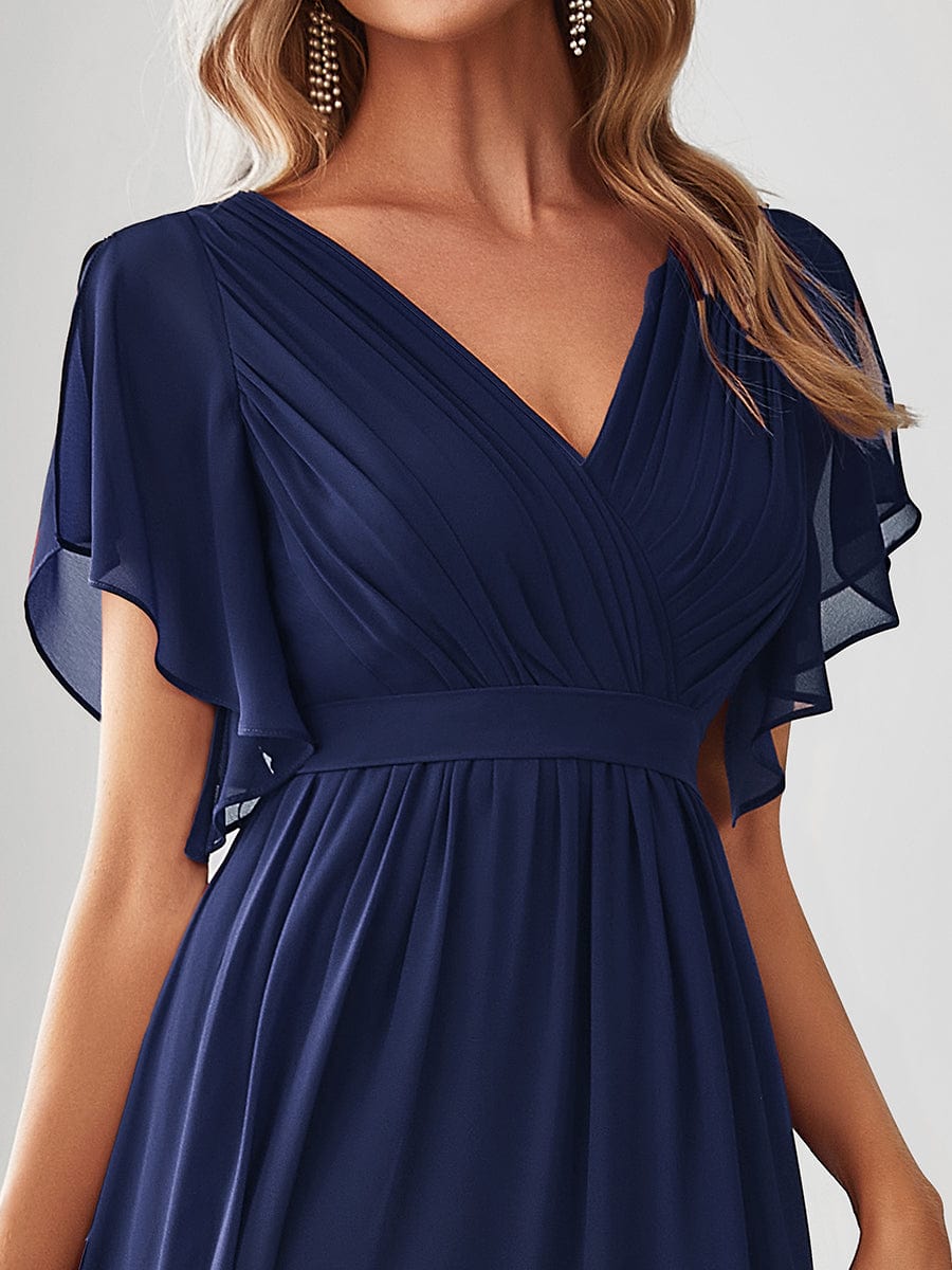 V-Neck Flutter Sleeve Floor-Length A-Line Chiffon Evening Dress #color_Navy Blue