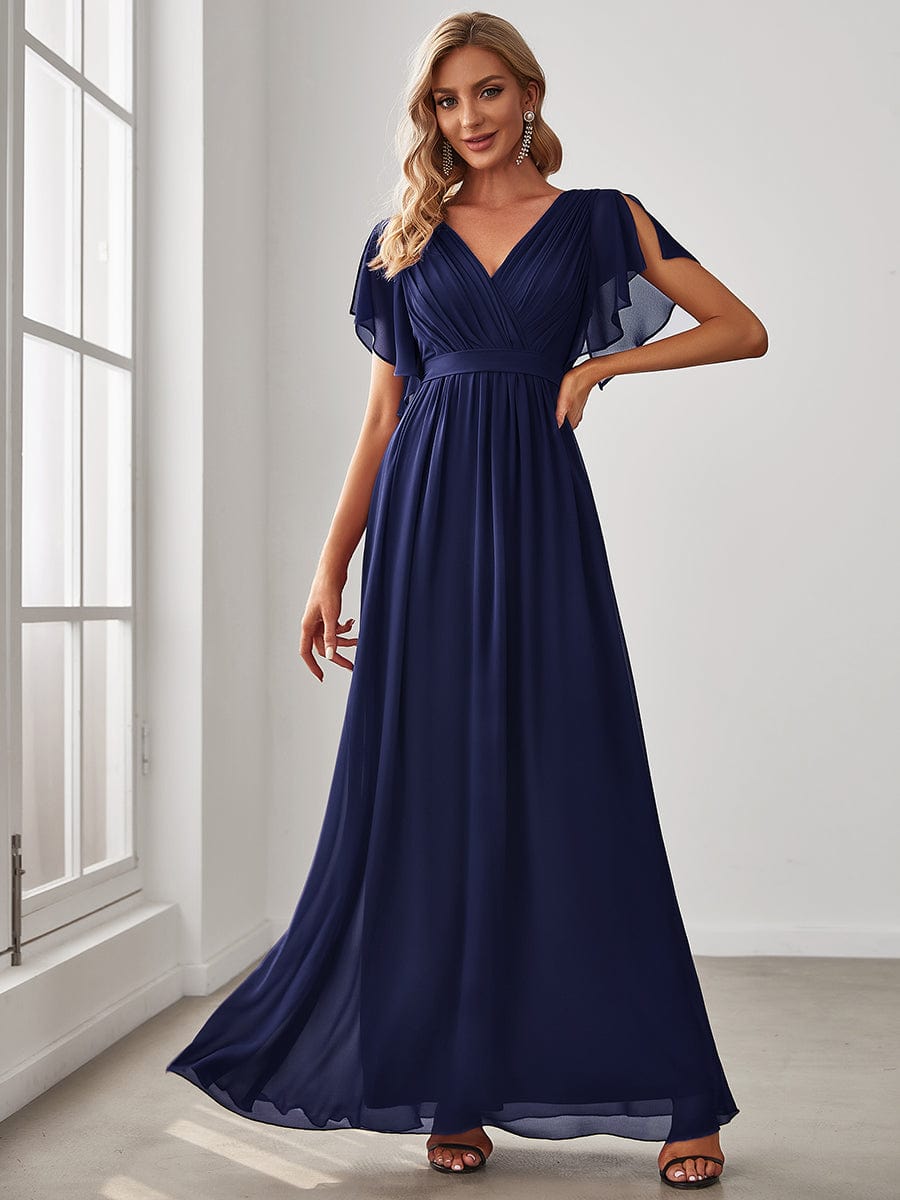 V-Neck Flutter Sleeve Floor-Length A-Line Chiffon Evening Dress #color_Navy Blue