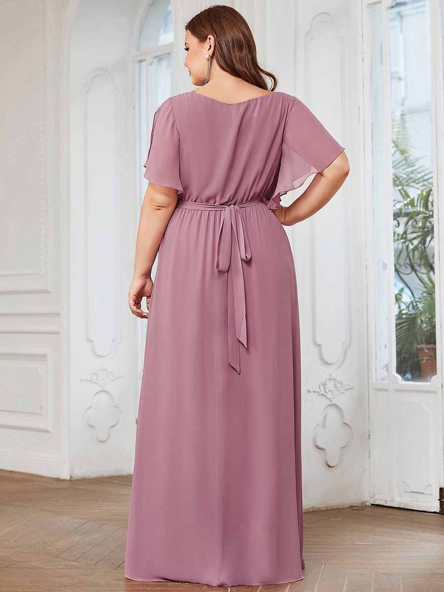 V-Neck Flutter Sleeve Floor-Length A-Line Chiffon Evening Dress #color_Purple Orchid