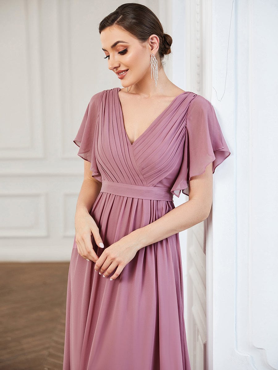 V-Neck Flutter Sleeve Floor-Length A-Line Chiffon Evening Dress #color_Purple Orchid