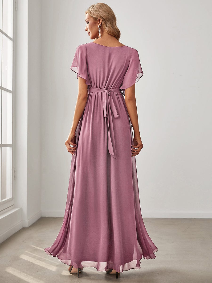 V-Neck Flutter Sleeve Floor-Length A-Line Chiffon Evening Dress #color_Purple Orchid