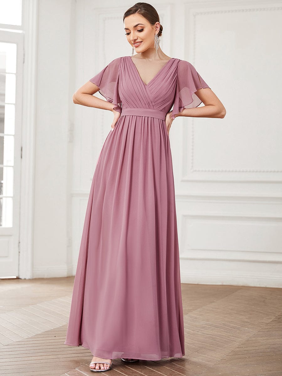 V-Neck Flutter Sleeve Floor-Length A-Line Chiffon Evening Dress #color_Purple Orchid