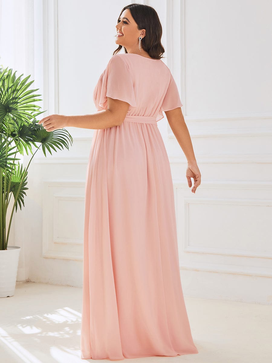 V-Neck Flutter Sleeve Floor-Length A-Line Chiffon Evening Dress #color_Pink