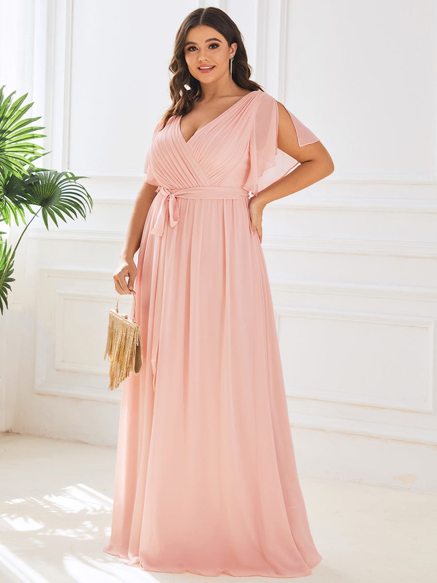 V-Neck Flutter Sleeve Floor-Length A-Line Chiffon Evening Dress #color_Pink