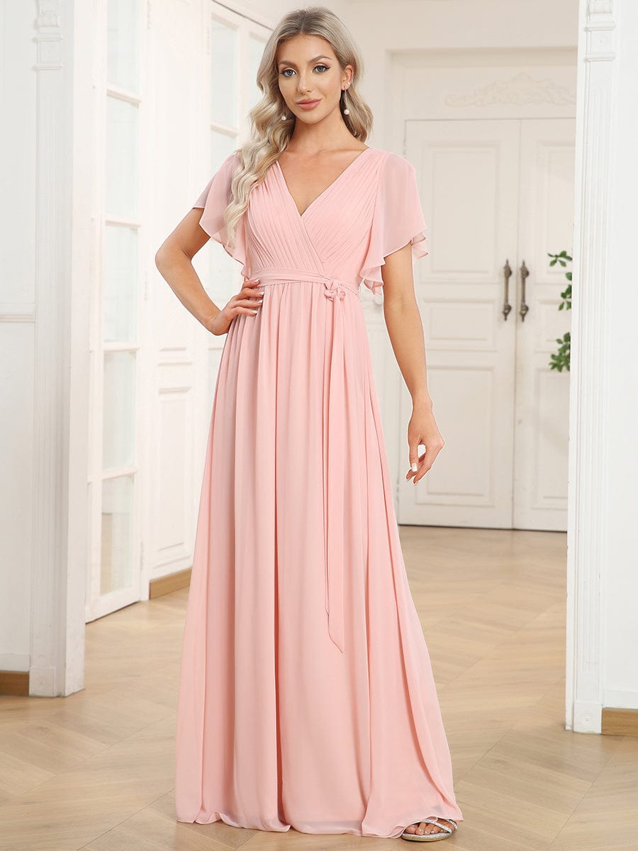 V-Neck Flutter Sleeve Floor-Length A-Line Chiffon Evening Dress #color_Pink