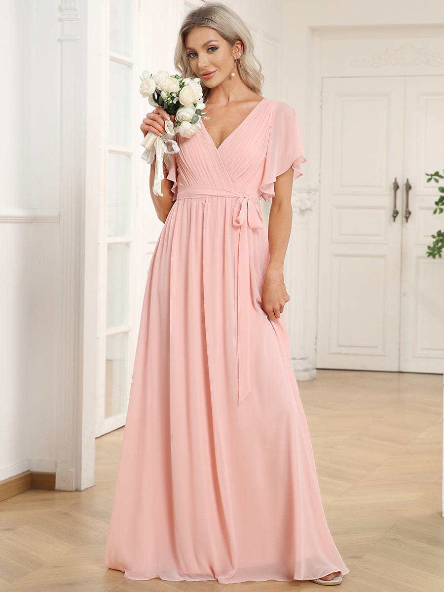 V-Neck Flutter Sleeve Floor-Length A-Line Chiffon Evening Dress #color_Pink