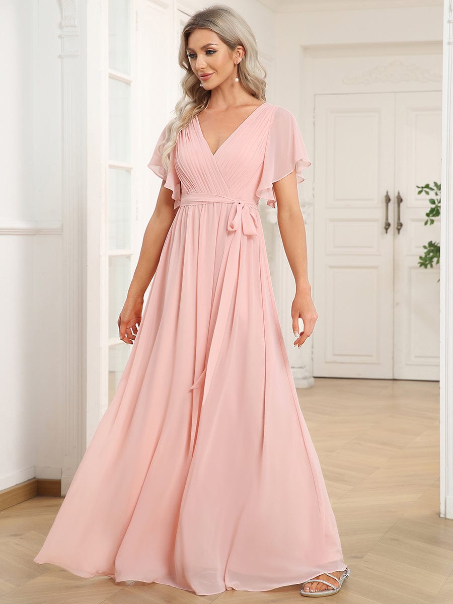 V-Neck Flutter Sleeve Floor-Length A-Line Chiffon Evening Dress #color_Pink