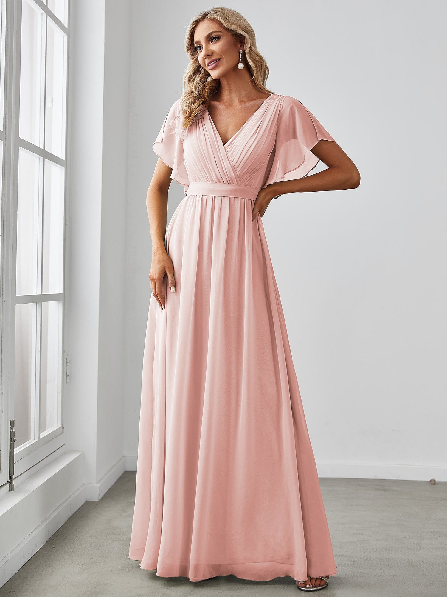 V-Neck Flutter Sleeve Floor-Length A-Line Chiffon Evening Dress #color_Pink