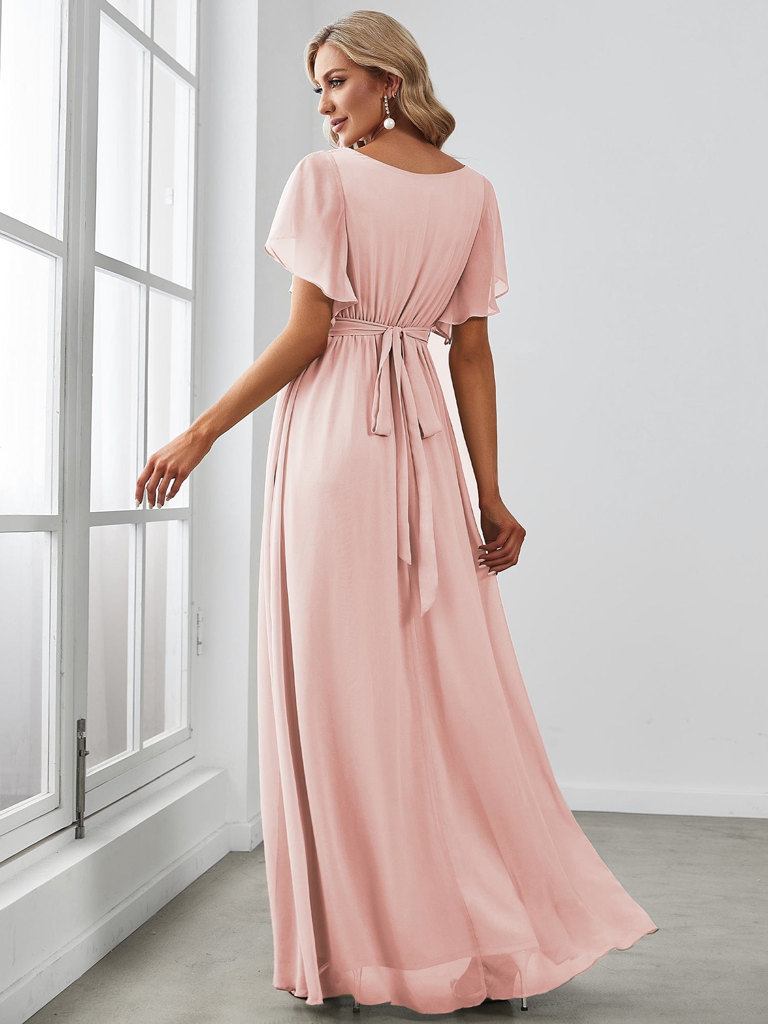 V-Neck Flutter Sleeve Floor-Length A-Line Chiffon Evening Dress #color_Pink