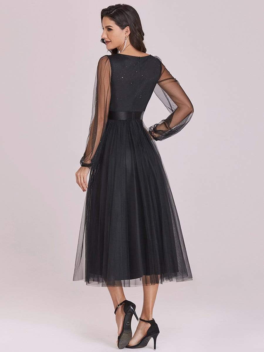 Color=Black | Shiny Ruched Bodice Tulle Midi Evening Dress With Waistband-Black 5