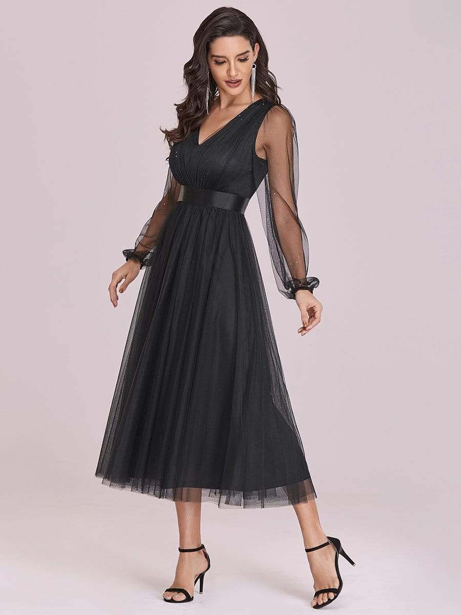 Color=Black | Shiny Ruched Bodice Tulle Midi Evening Dress With Waistband-Black 6