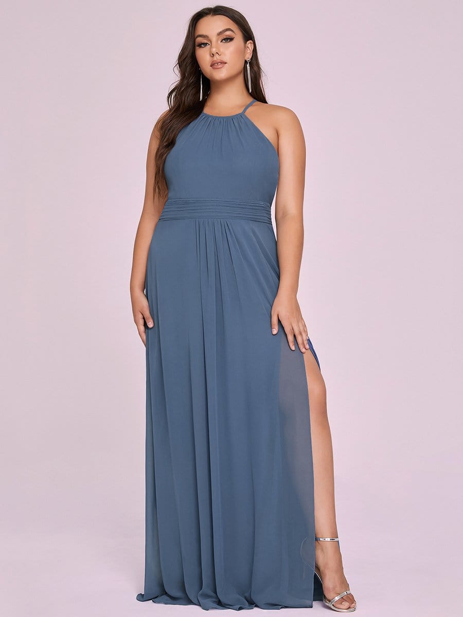 Color=Dusty Navy | Elegant Plus Size Halter Pleated Slit Long Evening Dress-Dusty Navy 4