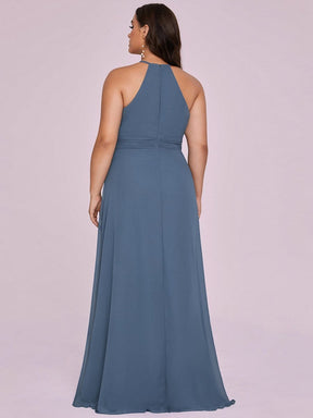 Color=Dusty Navy | Elegant Plus Size Halter Pleated Slit Long Evening Dress-Dusty Navy 5