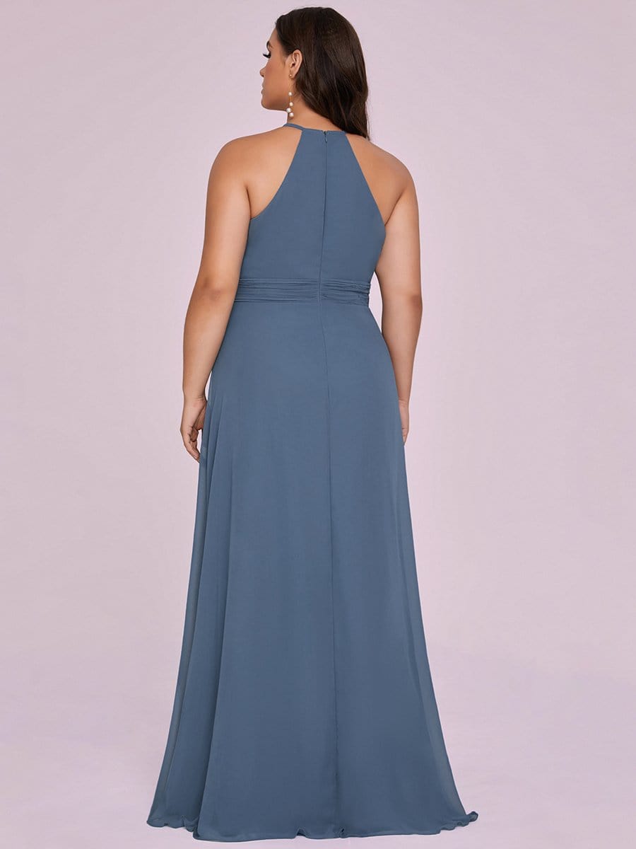 Color=Dusty Navy | Elegant Plus Size Halter Pleated Slit Long Evening Dress-Dusty Navy 5