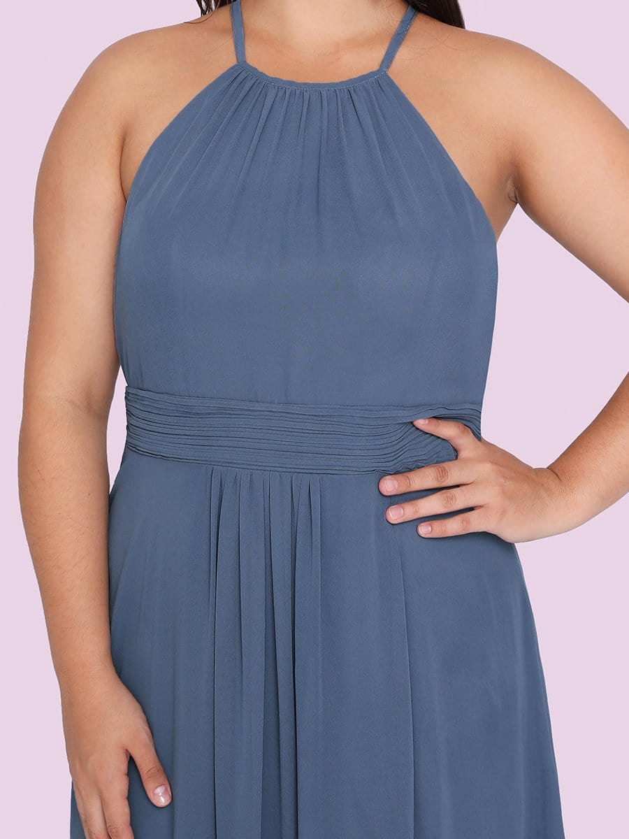 Color=Dusty Navy | Elegant Plus Size Halter Pleated Slit Long Evening Dress-Dusty Navy 3