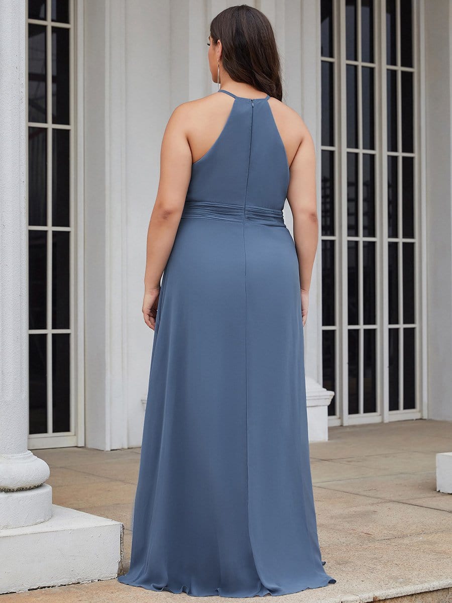Color=Dusty Navy | Elegant Plus Size Halter Pleated Slit Long Evening Dress-Dusty Navy 2