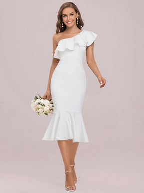 Color=Cream | One-Shoulder Lotus Leaf Asymmetricmidi Godet Skirt Evening Dress-Cream 5