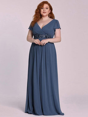 Color=Dusty Navy | Comfortable Chiffon Ruffle Sleeves Deep V Embroidered Floor Length Plus Size Evening Dress-Dusty Navy 6