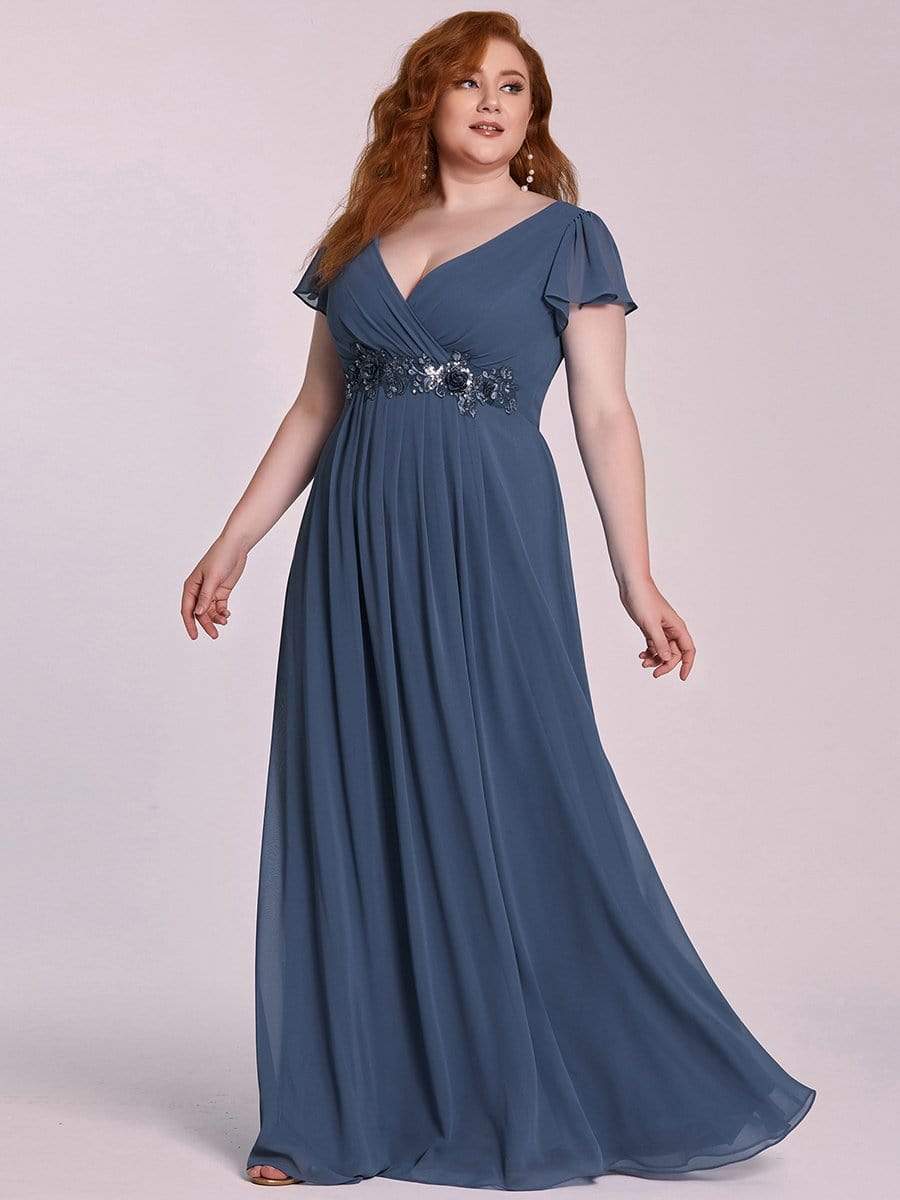 Color=Dusty Navy | Comfortable Chiffon Ruffle Sleeves Deep V Embroidered Floor Length Plus Size Evening Dress-Dusty Navy 7