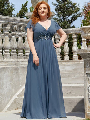 Color=Dusty Navy | Comfortable Chiffon Ruffle Sleeves Deep V Embroidered Floor Length Plus Size Evening Dress-Dusty Navy 1