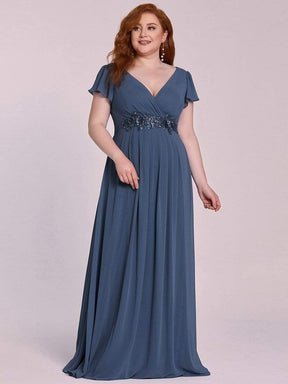 Color=Dusty Navy | Comfortable Chiffon Ruffle Sleeves Deep V Embroidered Floor Length Plus Size Evening Dress-Dusty Navy 3