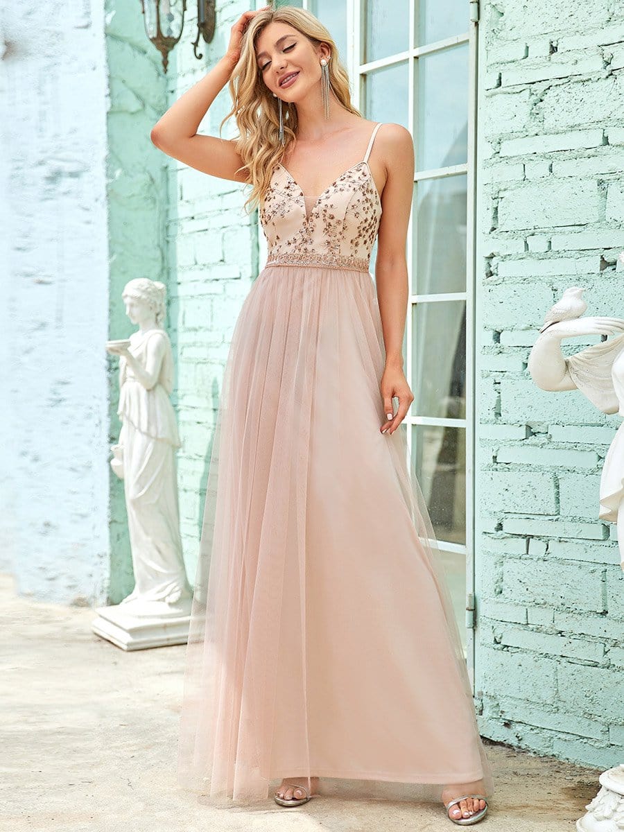 Color=Blush | Spaghetti Straps Sleeveless Deep V Paillette Floor-Length Tulle Evening Dress-Blush 4